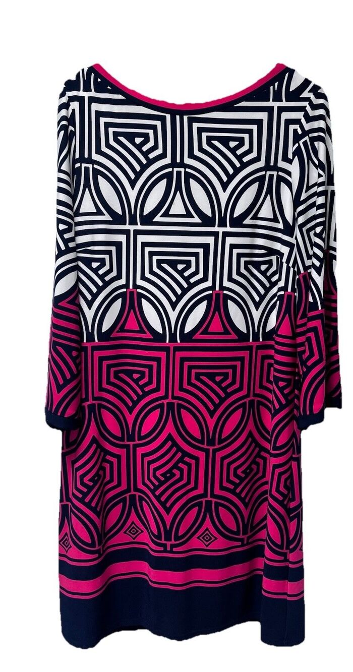 Eliza J Geo Patterned Shift Dress Size 12 Lined Pink Black Zippered Bell Sleeves